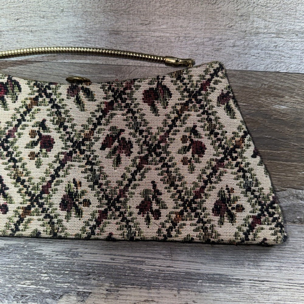Vintage Petit Point Needlepoint Purse Tapestry Handbag Clutch Bag Floral Gold - Picture 3 of 12